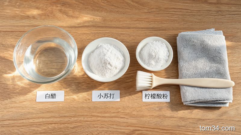 木质桌面上摆放的白醋、小苏打、柠檬酸和清洁工具