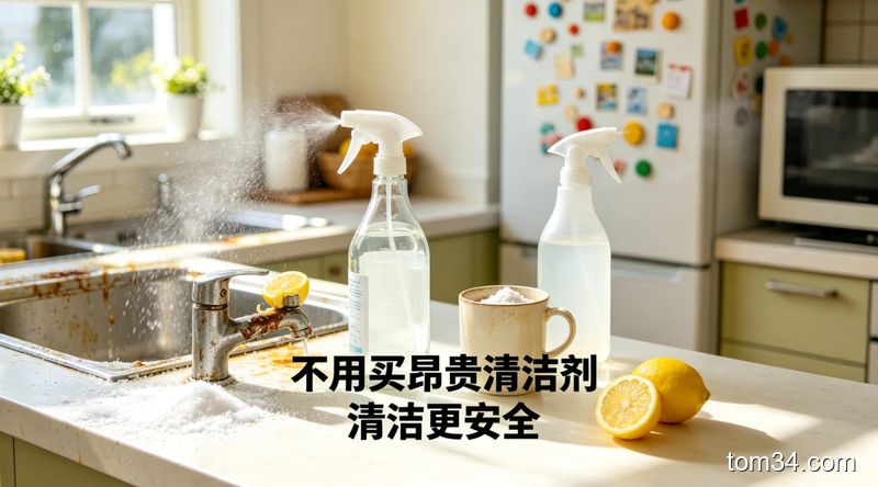 温馨明亮的家庭厨房场景，台面上摆放着食盐、白醋、小苏打、柠檬等家常清洁物品