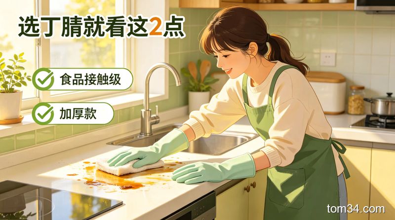 清新明亮的生活化场景，普通人戴着丁腈手套正在擦拭厨房台面上的油污，旁边有两个打勾的标识，分别写着「食品接触级」「加厚款」，画面标注文字「选丁腈就看这2点」，风格轻松接地气，突出懒人无负担选购的特点