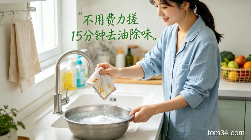 透明盆里泡着加了食用碱的油腻抹布，旁边放着刚烧开的热水壶，操作场景生活化
