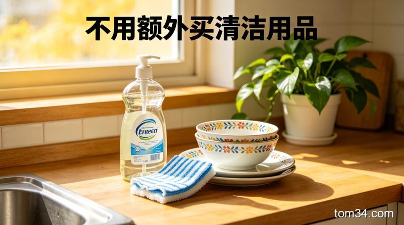 干净的居家厨房台面上摆放着洗洁精、百洁布、清水碗，温馨明亮的厨房场景