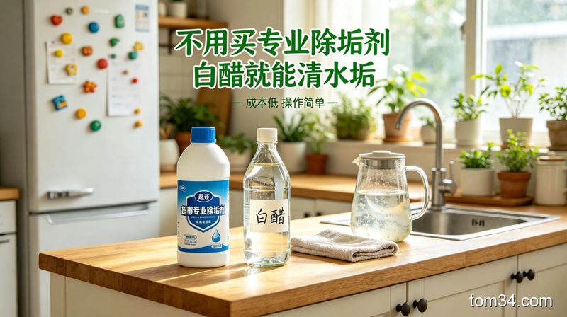 清新明亮生活化厨房场景，台面上一边摆着超市售卖的专业除垢剂，一边摆着家常食用白醋，配文字标注「不用买专业除垢剂 白醋就能清水垢」，突出简单低成本特点