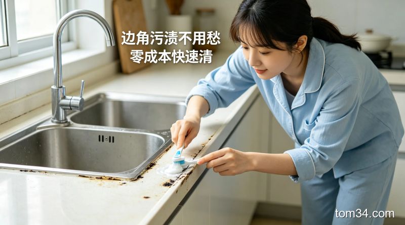 旧牙刷沾牙膏刷台缝黑渍的厨房清洁场景