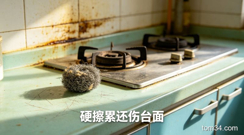 租房老旧厨房，灶台抽油烟机布满重油污的真实场景
