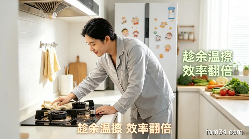 趁做完饭灶台有余温，用旧纯棉毛巾擦拭灶台，动作快速轻松