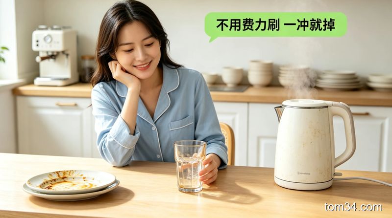 博主拿起冲干净的茶杯，杯壁透亮没有茶垢，旁边放着柠檬和食盐等厨房清洁用品
