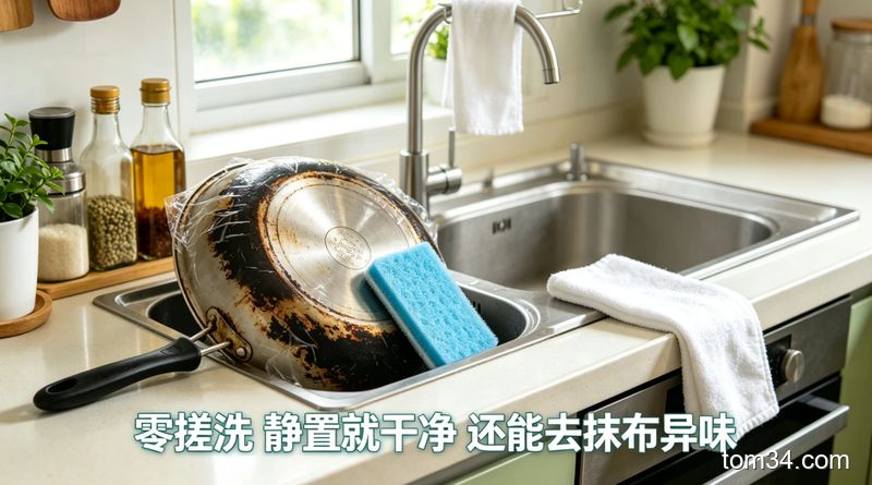 厨房油污场景，刚揭开保鲜膜的发黑锅底旁，百洁布轻轻一擦就露出干净锅底，旁边放着洗得洁白的抹布，配醒目标注文字「零搓洗 静置就干净 还能去抹布异味」，清新生活化风格，突出清洁效果好、省力气