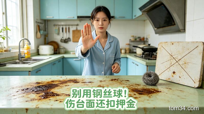 钢丝球刮花不锈钢灶台留下划痕的前后对比图，标注厨房清洁避坑