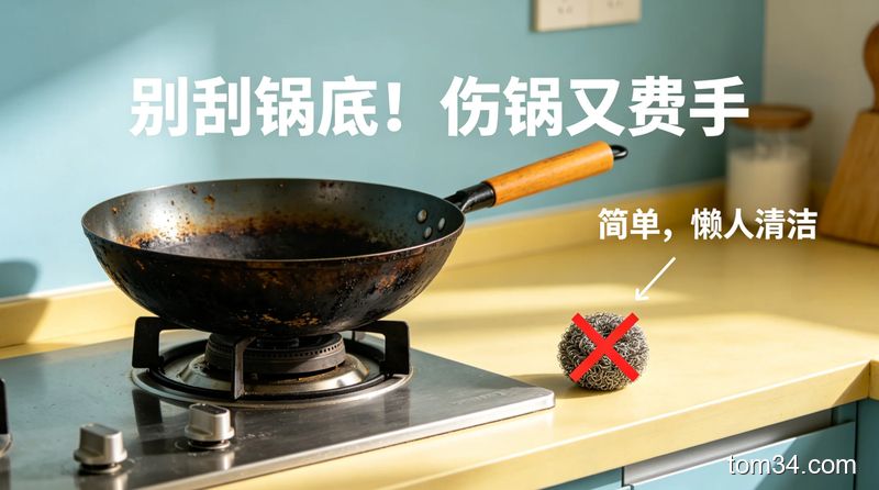 场景为厨房灶台边，放着带厚黑垢的炒锅和被打叉的钢丝球，配醒目标注文字「别刮锅底！伤锅又费手」，风格清新明亮、生活化，突出「简单」「懒人清洁」元素