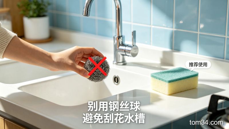 清新明亮生活化厨房场景，水槽旁一只手拿着钢丝球划红叉，旁边摆放软海绵擦标注「推荐使用」，配文字「别用钢丝球 避免刮花水槽」，突出不伤材质特点