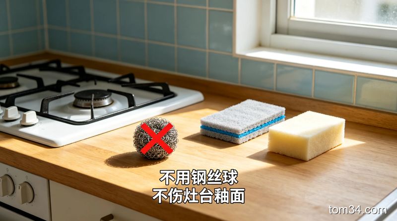 软质清洁工具摆放在干净白色灶台旁，包含纳米海绵、百洁布、鱼鳞布，无钢丝球，场景温馨明亮