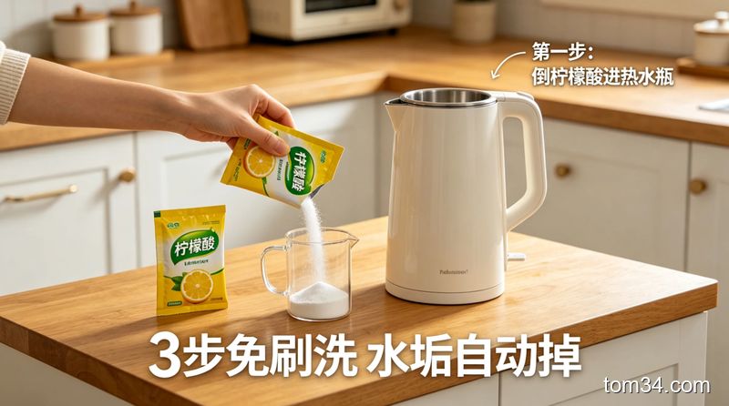 三步操作示意图：第一步倒柠檬酸进热水瓶，第二步倒沸水摇晃，第三步倒出带水垢的废水，清新厨房场景