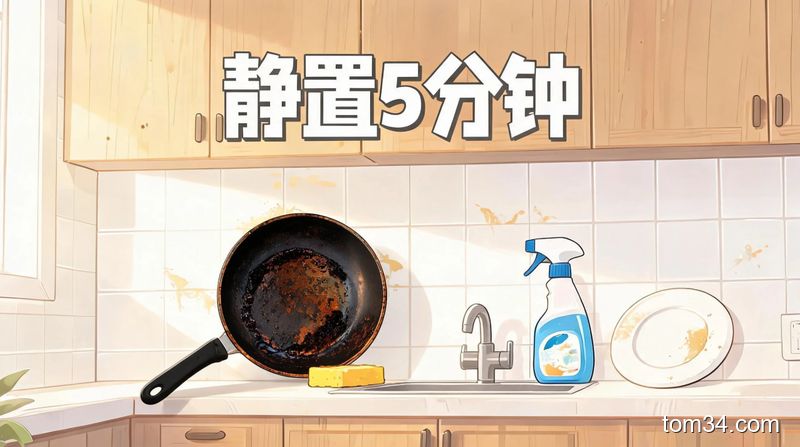 清新明亮生活化风格，卡通化的3个厨房常见油污场景：轻油污的墙面瓷砖、中度油污的油烟机表面、重度油污的炒菜锅底，分别对应标注醒目的静置时长：1分钟、3分钟、5分钟，文字清晰好懂，突出高效省时间