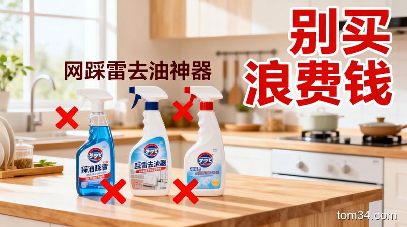 清新明亮生活化厨房场景，桌面上摆放3款网红踩雷去油神器，旁边配红色叉号和