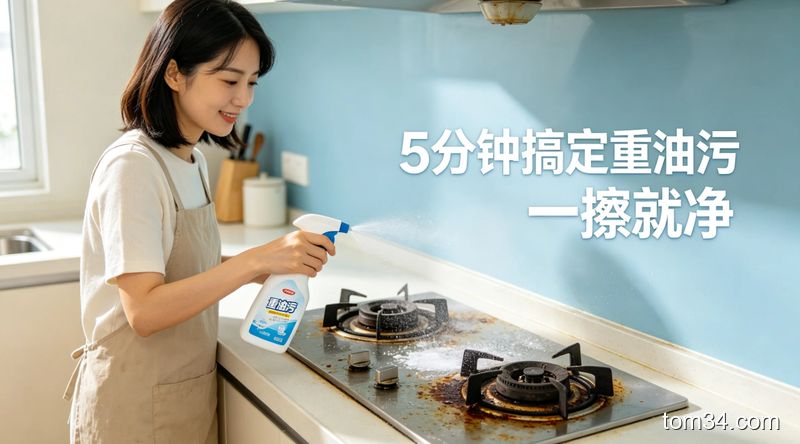 清新明亮生活化风格，人物手持喷壶往带有明显油污的灶台表面喷洒清洁液，动作轻松随意，旁边配文字「5分钟搞定重油污 一擦就净」，画面简洁无多余杂物