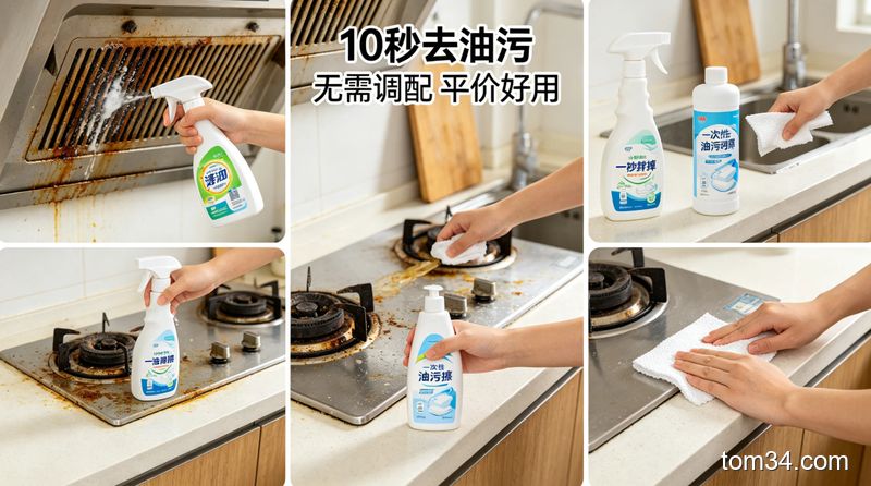 厨房重油污的灶台、油烟机边角场景，分别演示5款清洁好物的1-2步清洁动作，比如喷完喷雾一擦就掉油污、拿一次性油污擦直接擦台面，清新明亮生活化风格，画面有文字标注&ldquo;10秒去油污 无需调配 平价好用&rdquo;，突出方便易操作