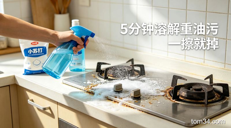 拿着喷壶往灶台油污处喷小苏打洗洁精混合液，旁边放着干净的抹布，画面明亮温馨