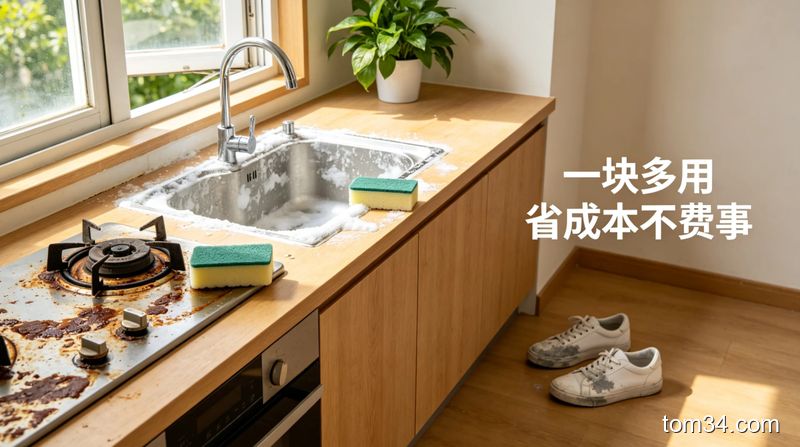 女生用高密度海绵擦擦拭厨房水龙头水垢，动作轻松，展示擦拭后光亮的水龙头