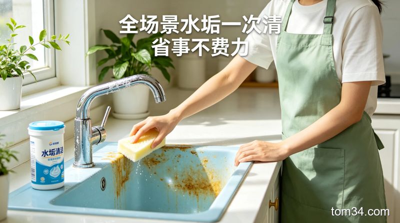 柠檬片擦水龙头水垢，擦过的位置光亮如新，旁边放着泡了柠檬的烧水壶