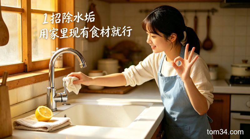 柠檬片敷在水龙头水垢处的厨房清洁场景