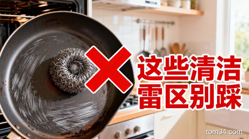 清新明亮生活化厨房场景，左侧特写被硬钢丝球刮花的烤箱涂层，旁边打红色叉号，配文字&lsquo;这些清洁雷区别踩&rsquo;，整体风格温暖接地气，突出简单好懂