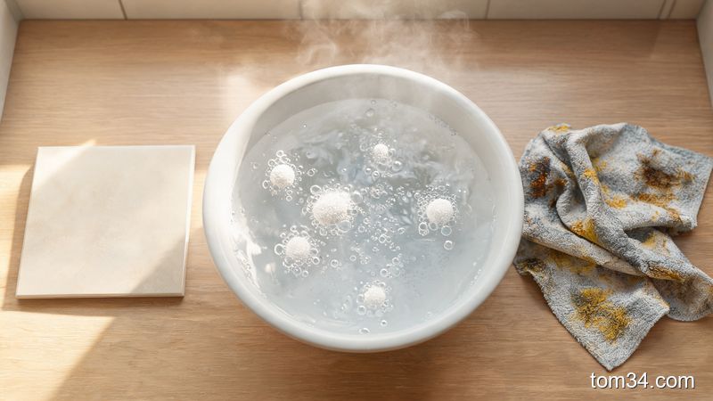 氧净颗粒倒入热水浸泡厨房抹布和瓷砖油污,分解顽固油脂