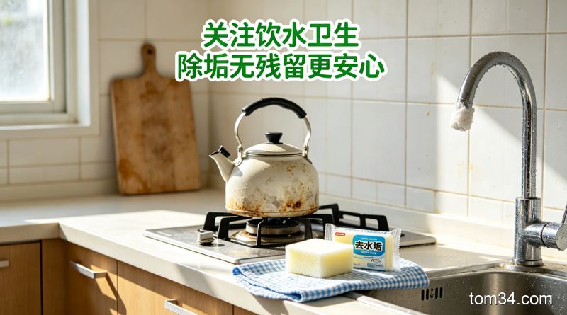 厨房烧水壶、水龙头、水槽附着水垢的真实场景，旁边摆放着普通抹布和瓶装清洁剂