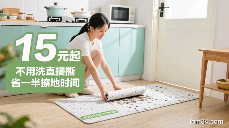 可撕式沾灰地垫铺在厨房入户门口，旁边放着干净的拖鞋，地面没有污渍