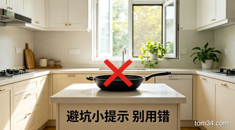 文字标注的避坑提示图，左侧打叉的是钢丝球擦不粘锅，右侧打勾的是海绵擦擦岩板台面
