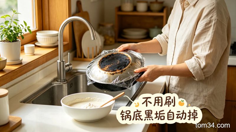 清新明亮生活化厨房场景，普通人正给有黑垢的锅底裹保鲜膜，旁边放着一碗调好的面粉糊，配文字标注「不用刷 锅底黑垢自动掉」，突出简单快手、零成本
