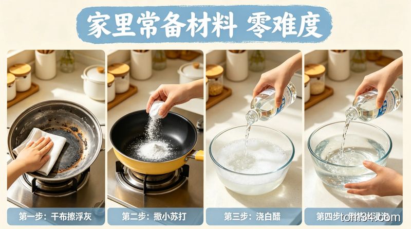 清新明亮生活化风格，特写展示4步简单清洁动作：干布擦锅底浮灰、往黑垢上撒小苏打、浇白醋出泡沫、倒热水浸泡，配文字“家里常备材料 零难度”，动作简单好上手