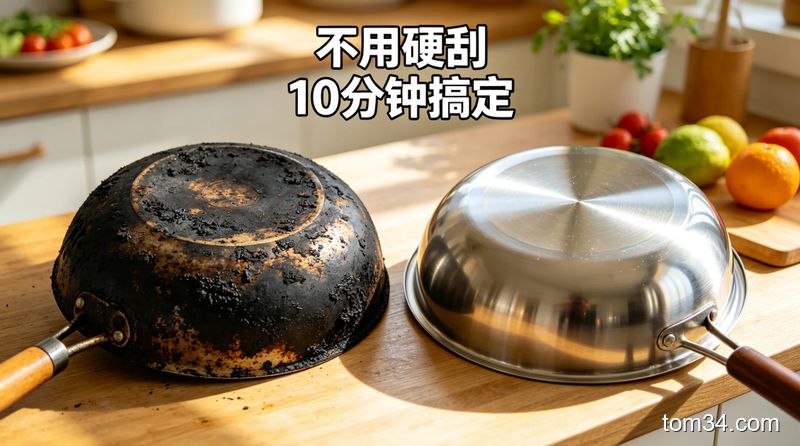 清新明亮生活化厨房场景，左侧放有厚重黑垢的脏铁锅，右侧放擦得锃亮的同款干净铁锅，配文字标注“不用硬刮 10分钟搞定”，整体接地气有对比感