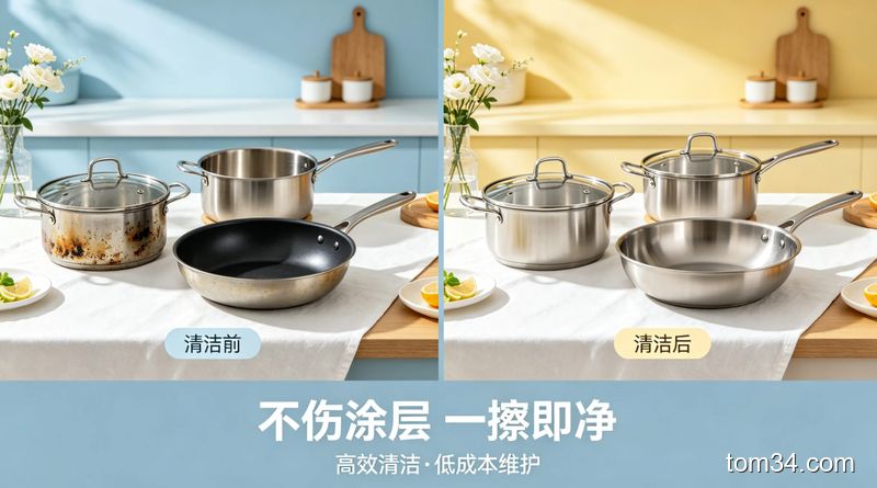 场景为厨房台面的对比展示图，左侧是带黑垢的不锈钢锅、铁锅、不粘锅，右侧是清洁后锃亮的三款锅，配标注文字「不伤涂层 一擦即净」，风格清新明亮、生活化，突出「高效」「低成本」关键词