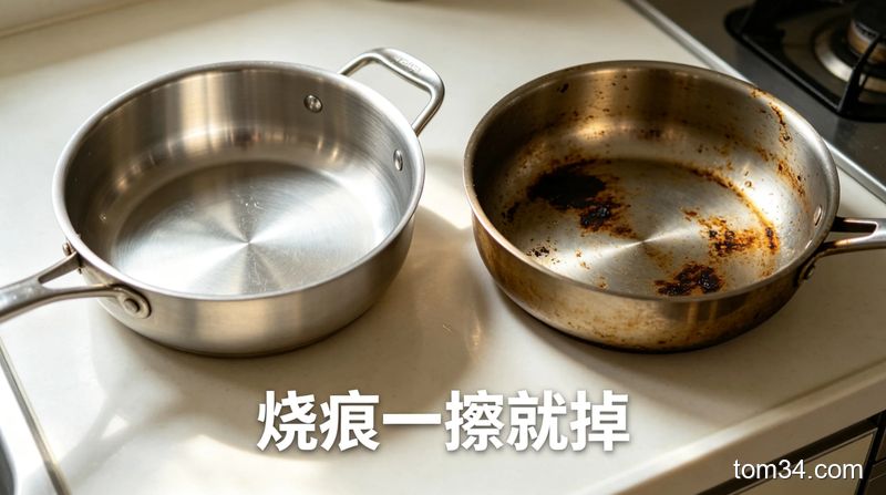 场景：厨房不锈钢锅具特写，主体动作：展示用柠檬酸水擦完的锅和没擦的锅的对比，配文字“烧痕一擦就掉”，风格：清新明亮生活化，关键元素：效果直观、零难度