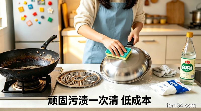 温馨生活化的厨房操作台场景，左侧摆着发黑的铁锅和沾满油污的抽油烟机滤网，右侧是撒了小苏打倒了白醋的干净锅底，女生用百洁布轻轻擦拭就能露出亮面，画面标注文字“顽固污渍一次清 低成本”，风格明亮写实