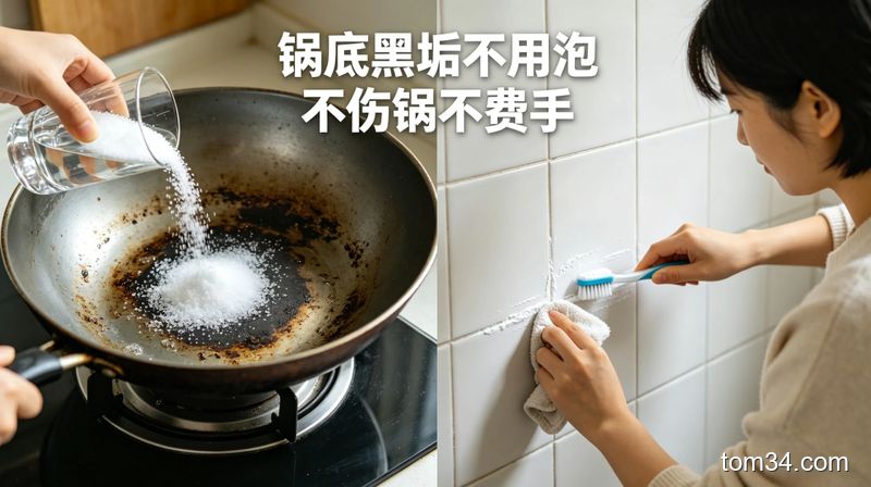 左侧特写撒了食盐倒了白醋的锅底，3分钟后用抹布一擦黑垢全部脱落，右侧人物用旧牙刷沾小苏打刷瓷砖缝隙，缝隙立刻变白，配文字'锅底黑垢不用泡 不伤锅不费手'，清新明亮生活化，突出零成本