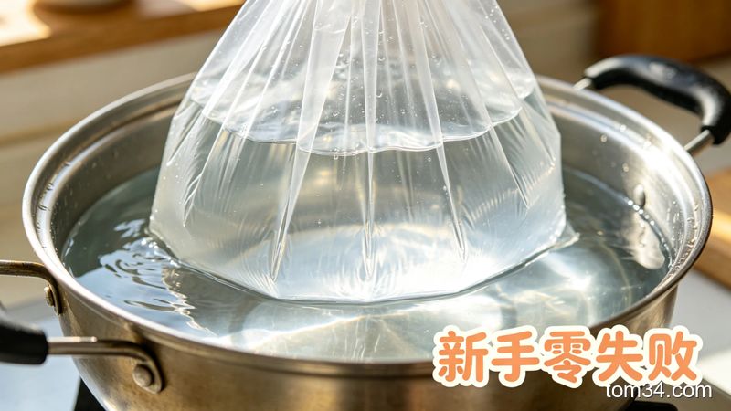 清新明亮生活化风格，特写展示大塑料袋套住锅底装水浸泡的小技巧，配文字“新手零失败”，突出方便易操作