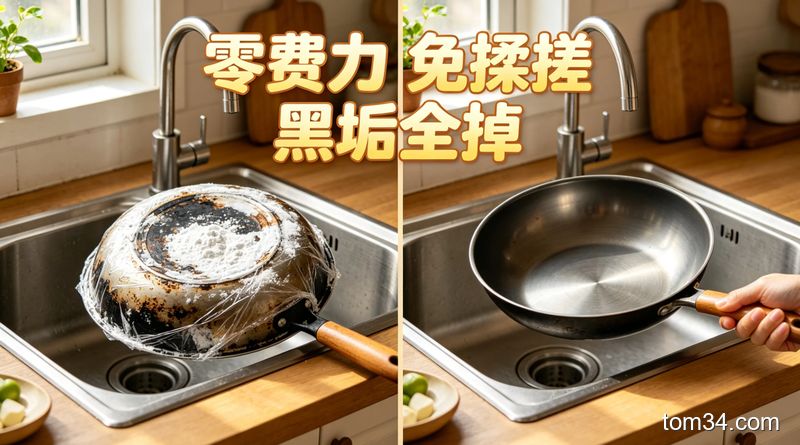 对比图：左边是满是黑垢的旧锅底，右边是涂了小苏打糊静置后擦干净的光亮锅底，旁边放着保鲜膜和小苏打清洁用品的厨房清洁场景
