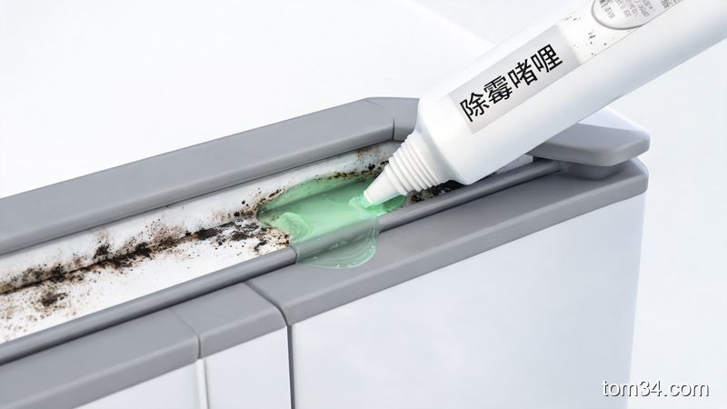 除霉啫喱涂抹在冰箱密封条缝隙中，静置溶解霉斑，展示使用前后对比