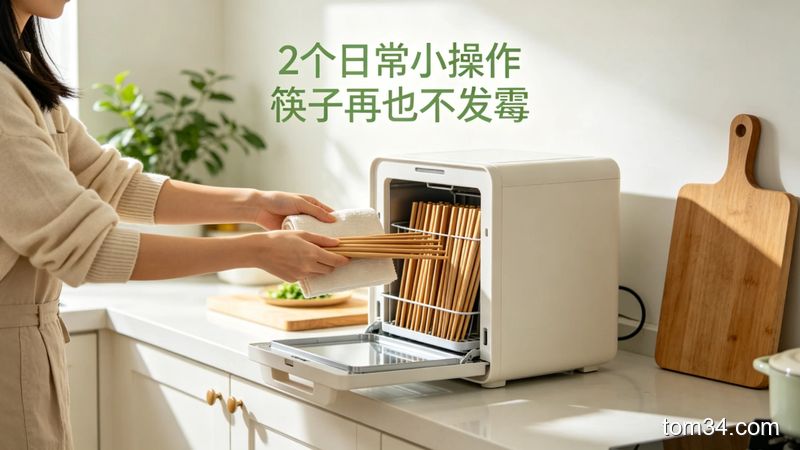 清新明亮生活化厨房收纳场景，普通人正把擦干的整齐筷子放入消毒柜，配文字标注「2个日常小操作 筷子再也不发霉」，突出轻松无负担