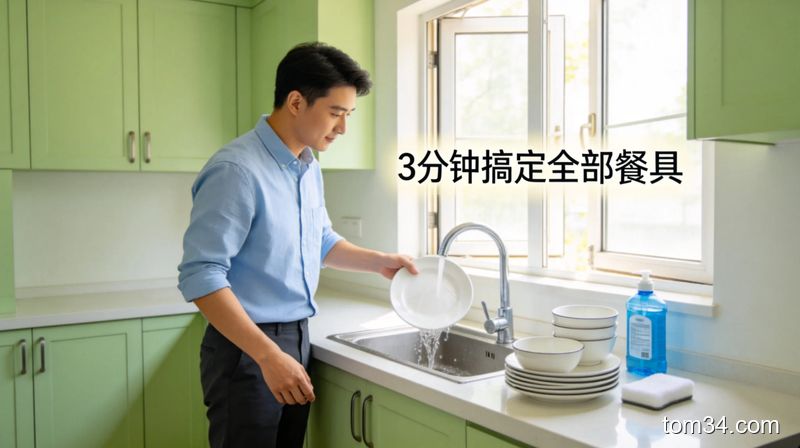 笑着冲水槽里的碗筷，泡过的餐具表面没有一点油污残留，背景是温馨的小厨房
