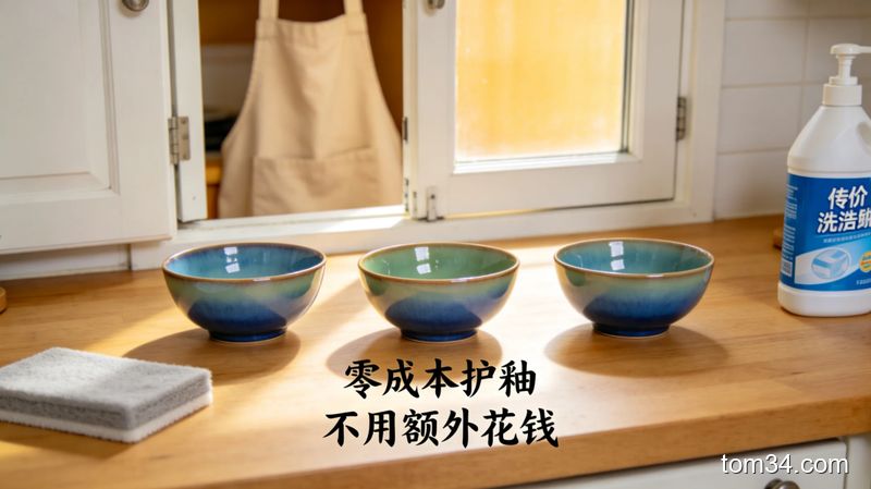 光亮如新的陶瓷餐具整齐摆在沥水架上的厨房清洁效果展示