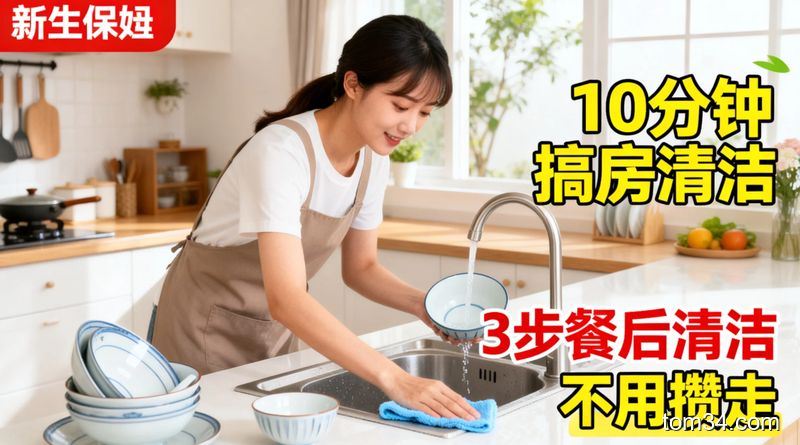 在厨房边用高密度海绵擦轻轻擦拭台面的红油污渍