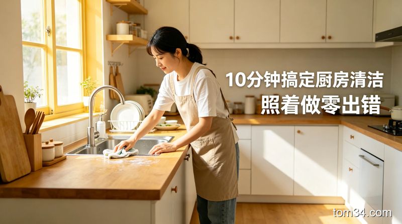 清新明亮生活化厨房场景，台面上摆放刚用过的餐盘和少量厨余，女生正在做3步快速清洁动作，旁边标注文字「5分钟搞定日常清洁」，突出简单快手、无复杂工具
