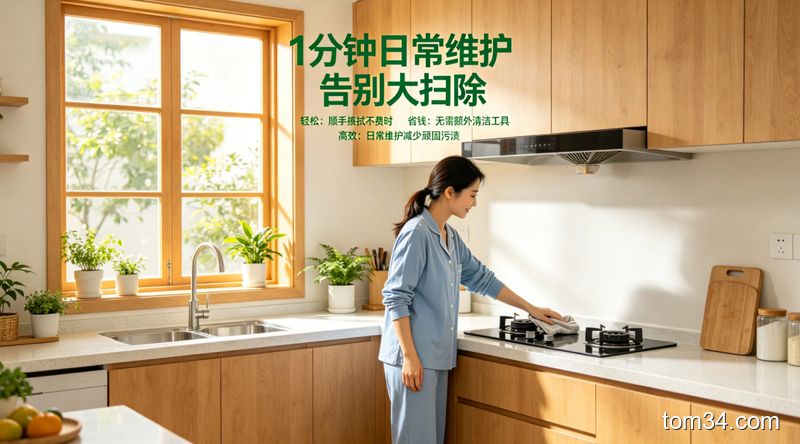 懒人厨房清洁步骤演示，年轻女生用湿抹布轻松擦拭灶台，动作悠闲不费力