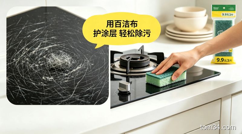 小苏打白醋糊敷在灶台陈年油垢上的油污清洁场景
