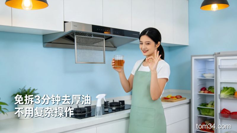 人拿着魔术擦擦厨房瓷砖墙面，擦过的地方白净亮堂，没擦的地方有明显黄黑油污