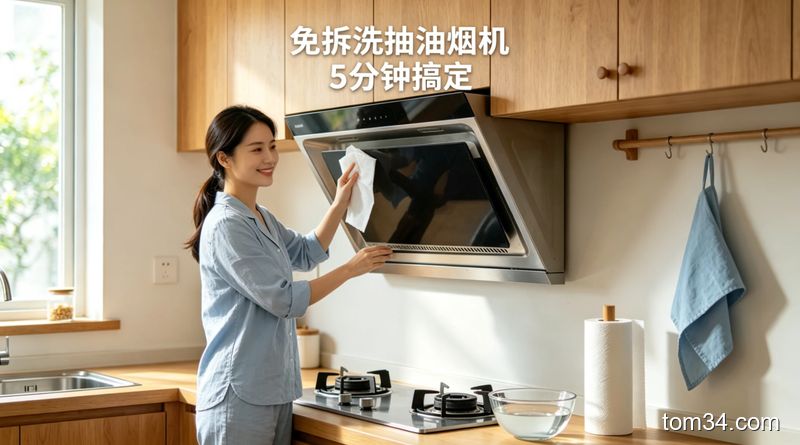清新明亮生活化厨房场景，蘸了白醋的厨房纸巾敷在抽油烟机机身上，配文字“免拆洗抽油烟机 5分钟搞定”，无复杂清洁工具，突出便捷省力