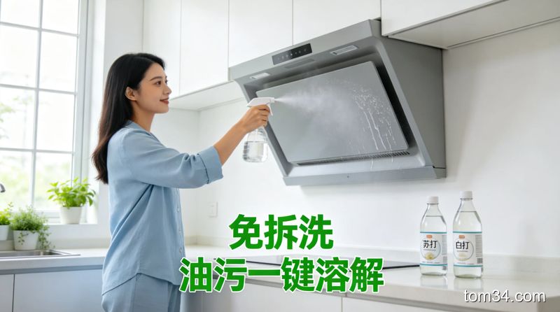 女生拿着喷壶往抽油烟机表面喷清洁液，油污正慢慢往下溶解，旁边摆放着装小苏打和白醋的玻璃瓶