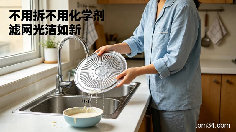 用户用热水冲洗涂了面粉糊的油烟机滤网，油污随水流快速脱落